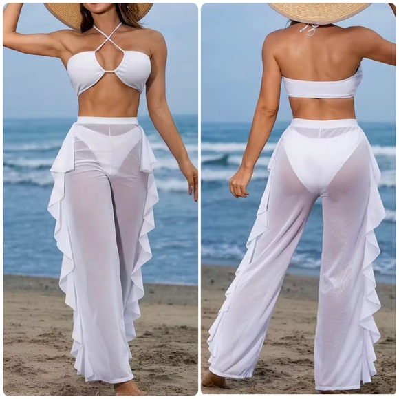 Pretty Woman Boutique Other - 3pc White Crisscross Top Bikini Set with Sheer Mesh Ruffle Cover-Up Pants